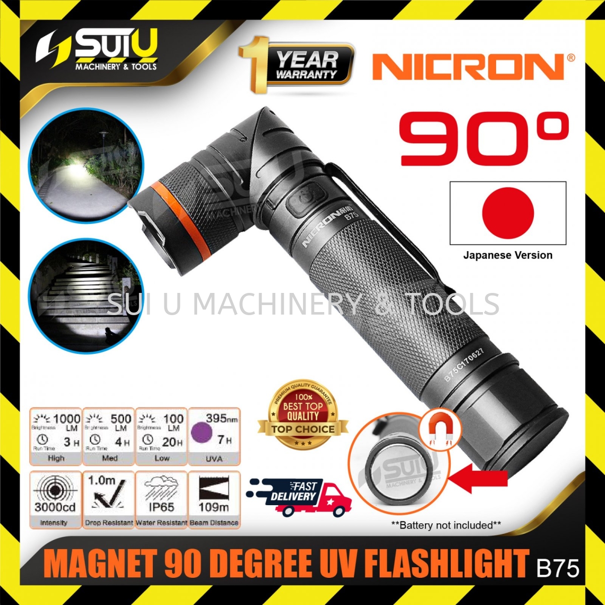 NICRON B75 Magnet 90 Degree UV & LED Rechargeable Twist Flashlight 1000LM  Lamp/Work Lamp/Lighting