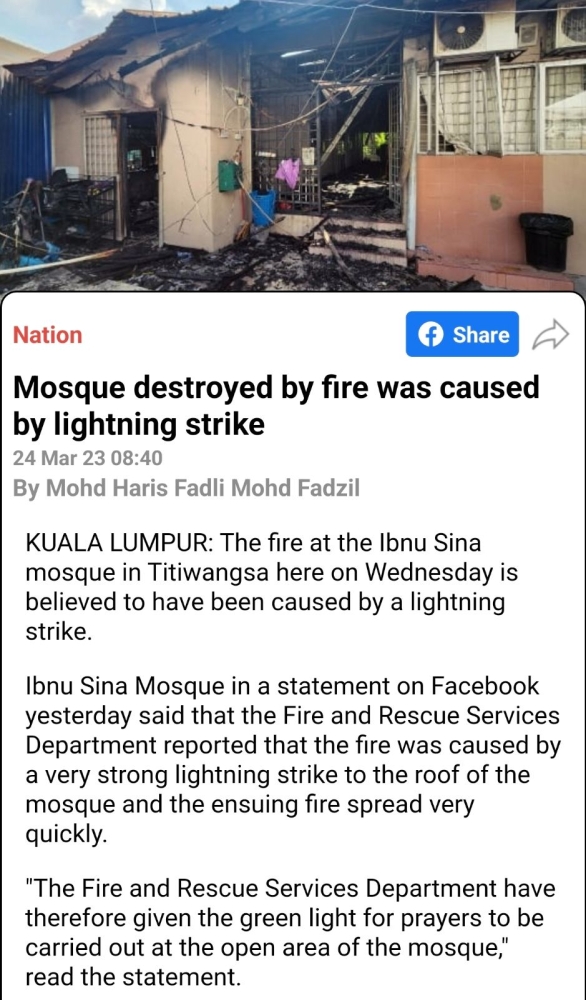 Mosque destroyed by fire was caused by LIGHTNING STRIKE
