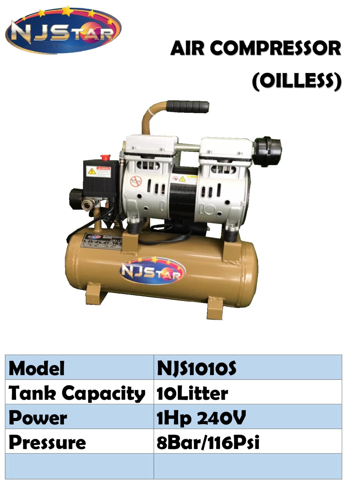 NJSTAR AIR COMPRESSOR NJS1010S (OIL LESS)