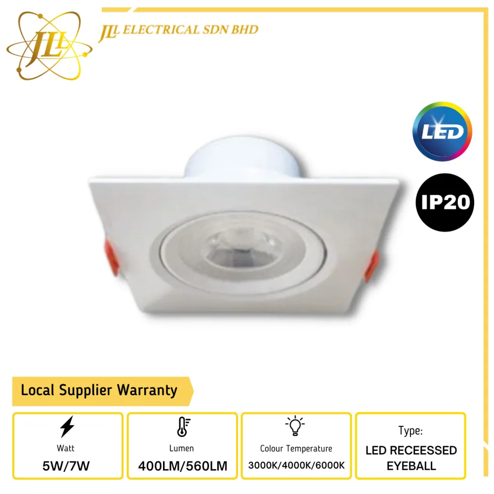 JLUX EB00 AC185-265V IP20 WHITE SQUARE LED RECESSED EYEBALL [5W/7W] [3000K/4000K/6500K]