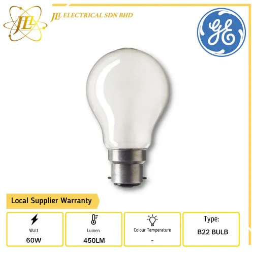 GE GLS INCANDESCENT LAMP 60W 60A1/P/VRS/BC 110/120V BE 60mm B22d 31535