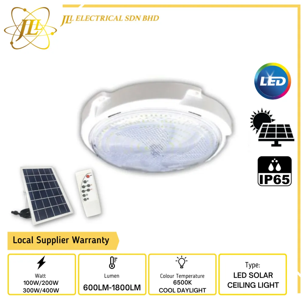 JLUX SXD IP65 6500K COOL DAYLIGHT ROUND LED SOLAR CEILING LIGHT C/W SOLAR PANEL AND REMOTE CONTROL [100W/200W/300W/400W]