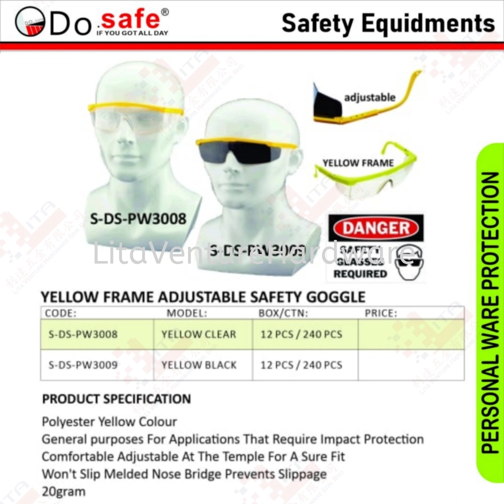 DO SAFE BRAND YELLOW FRAME ADJUSTABLE SAFETY GOOGLE SDSPW3008 SDSPW3009