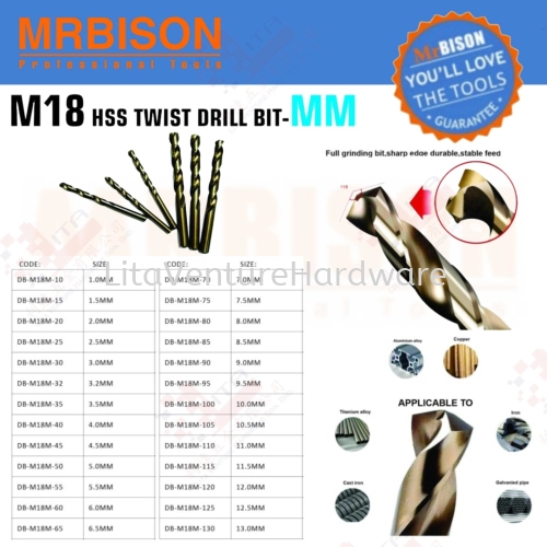 MRBISON BRAND M18 HSS TWIST DRILL BIT-MM