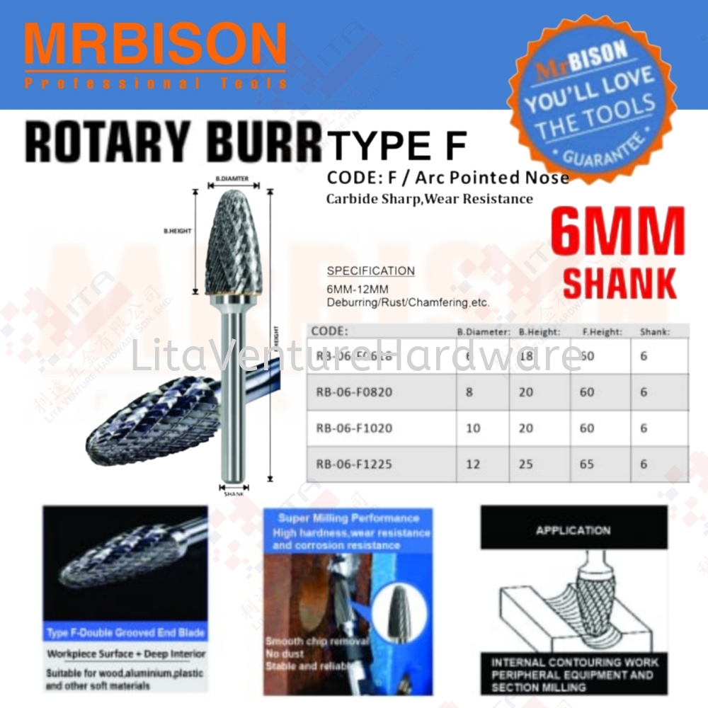 MRBISON BRAND ROTARY BURR TYPE F RB06F0618 RB06F0820 RB06F1020 RB06F1225