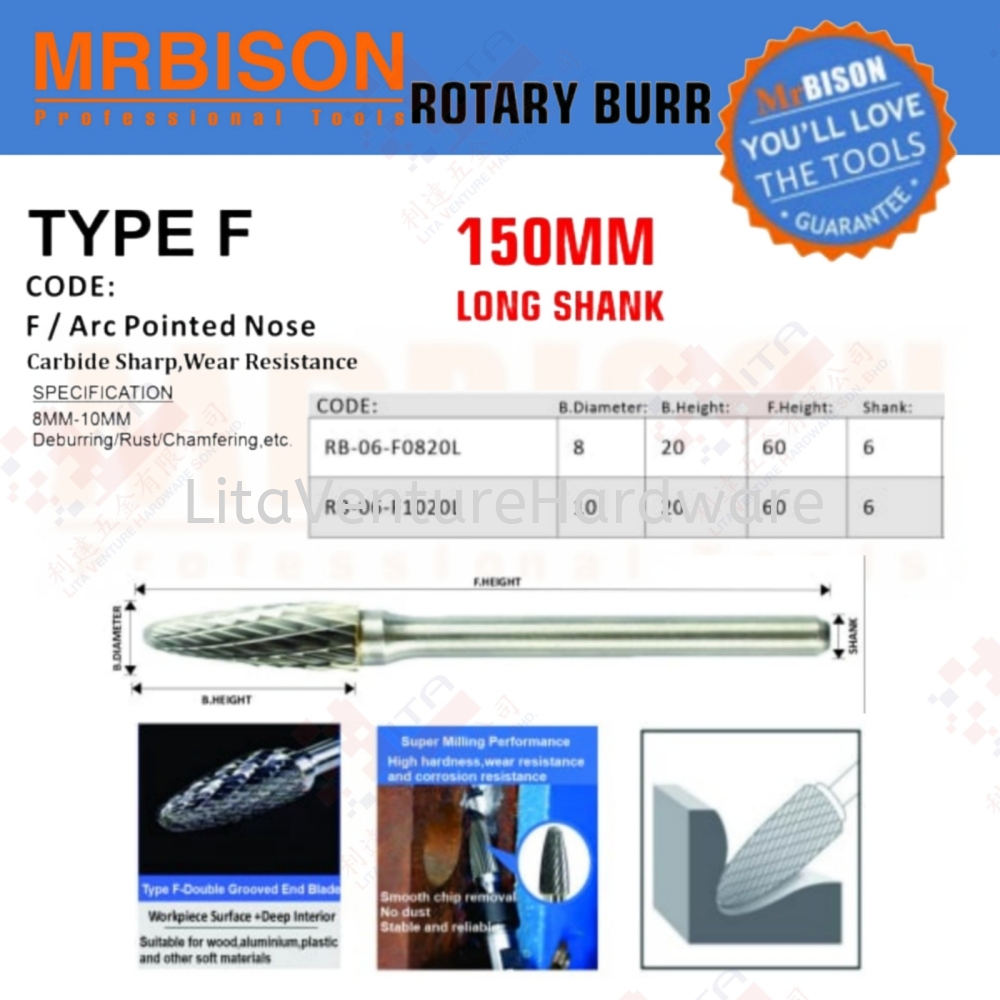 MRBISON BRAND ROTARY BURR TYPE F RB06F0820L RB06F1020L
