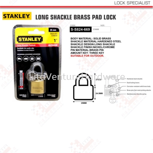 STANLEY BRAND LONG SHACKLE BRASS PAD LOCK SS824669