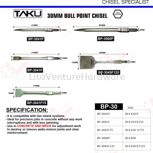 TAKU BRAND 30MM BULL POINT CHISEL BP3041P BP3041F BP3041F75 BP3060P BP3045F125