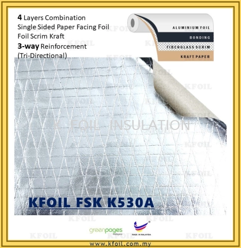(FSK K530A) Foil Scrim Kraft. S/S Reflective Aluminium Paper Foil, 8x8x6 Fiberglass Scrim Reinforced (W1.25m)
