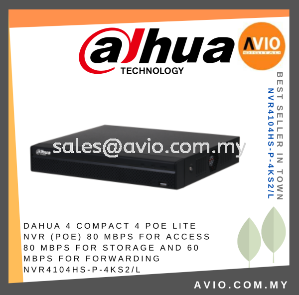 Dahua 4CH 4 Channel 8MP Lite 5MP 5 Megapixel IP Network NVR CCTV Recorder 4x PoE 1x HDD Bay 80Mbps NVR4104HS-P-4KS2/L NVR NETWORK RECORDER DAHUA Johor Bahru (JB), Kempas, Johor Jaya Supplier, Suppliers, Supply, Supplies | Avio Digital