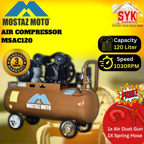 SYK Mostaz Moto MSAC120 Air Compressor Air Wrench Nail Gun Compressor Mesin Kompressor Angin Free Gift