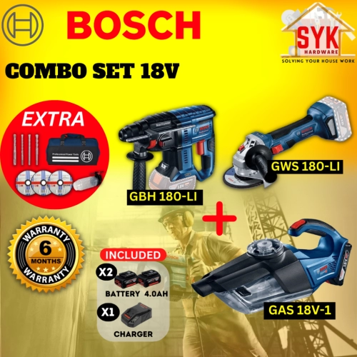 SYK Bosch Combo Set 18V Cordless Rotary Hammer Angle Grinder Vacuum Cleaner Battery Power Tools Mesin Gerudi