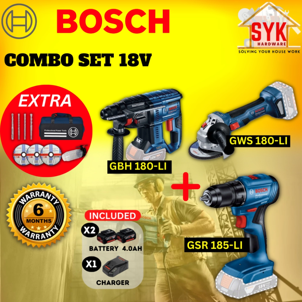 SYK Bosch Combo Set 18V Cordless Rotary Hammer Angle Grinder Impact Drill Driver Battery Mesin Gerudi Bateri