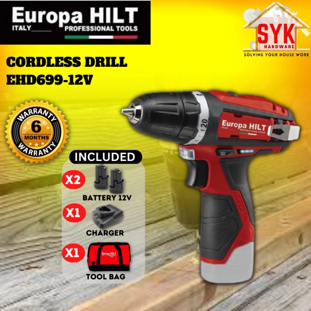 SYK Europa Hilt EHD699-12V Cordless Drill Set Power Tools Drilling Machine Battery Mesin Gerudi Batteri