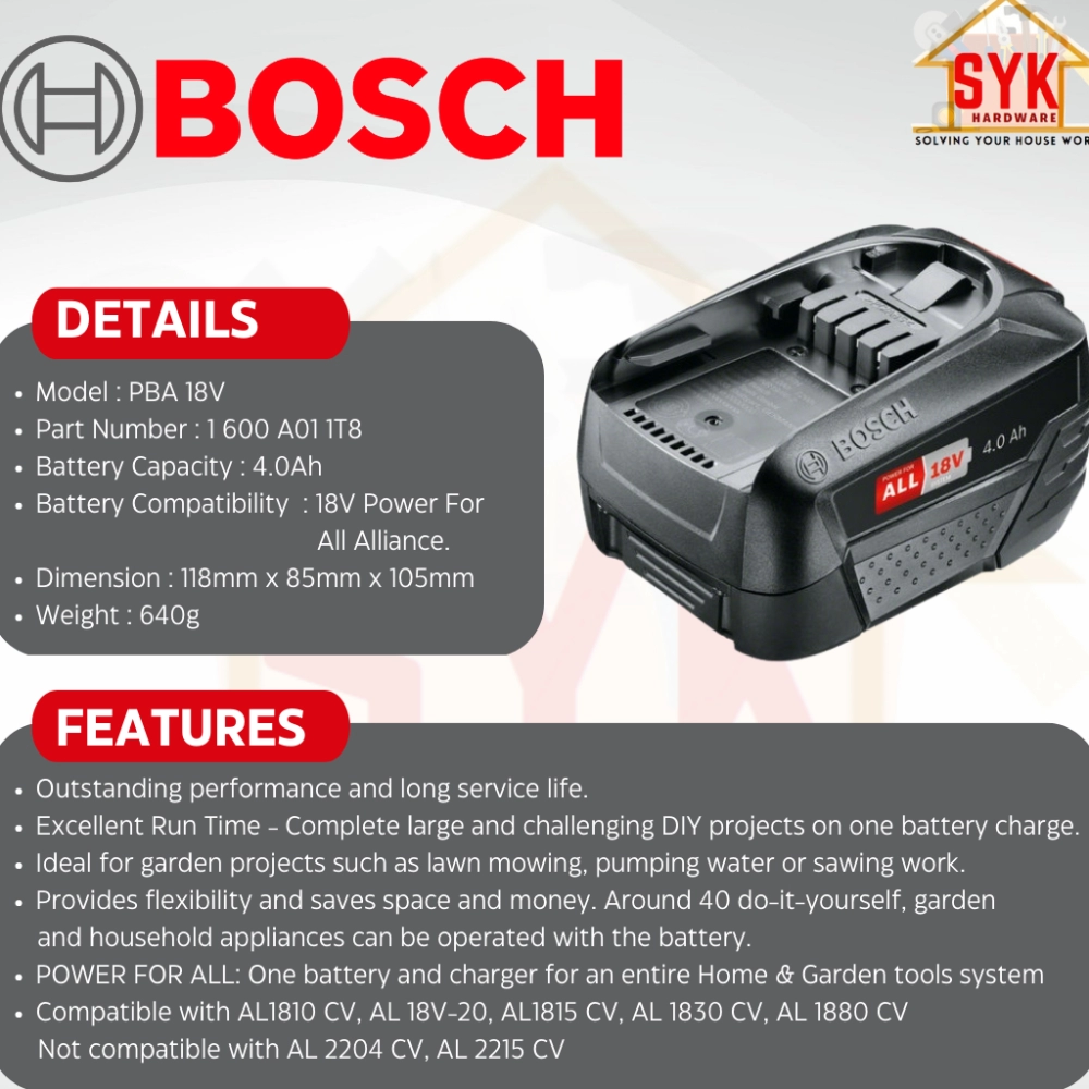 SYK Bosch 18V PBA 18V 4.0Ah 1600A011T8 AL1880CV 1600A011UO Home Garden  Lithium-lon Rechargeable Battery Quick Charger Home & Livings Tools & Home  Improvement Negeri Sembilan, Malaysia Supplier, Seller, Provider,  Authorized Dealer