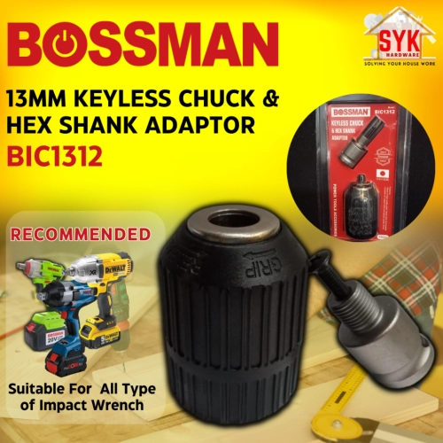 SYK Bossman BIc1312 13mm 1/2" Keyless Chuck Hex Shank Adaptor Impact Wrench Drill Keyless Chuck Set Drill Chuck Adaptor