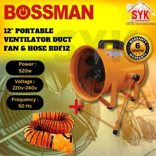 SYK Bossman BDF12 12 Inch Portable Ventilator Fan Flexible Hose Air Ventilator Industrial Fan Kipas pengudaraan