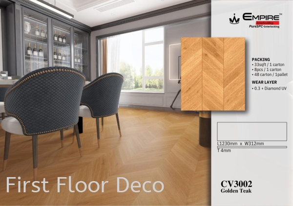 CV3002 - GOLDEN TEAK - SPC 4MM - FLOORING - AFTER INSTALLATION SPC Chevron Series - 4MM - EMPIRE SPC - Stone Plastic Composite Penang, Malaysia Supplier, Installation, Supply, Supplies | FIRST FLOOR DECO (M) SDN BHD