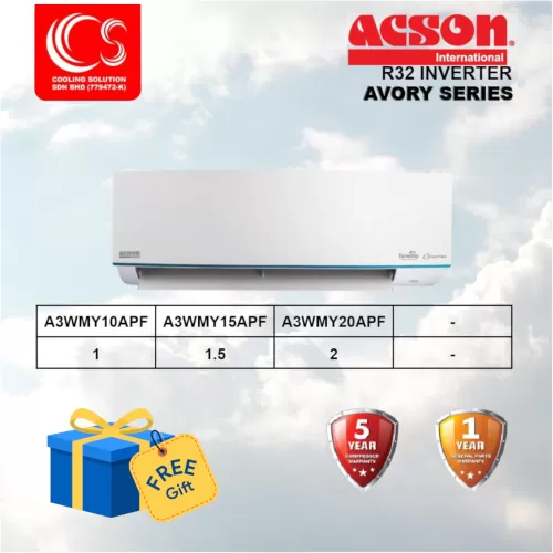 ACSON Air Conditioner / Air Cond AVORY Wall Mounted Inverter Series R32 1.0HP/1.5HP/2.0HP A3WMY10APF/15APF/20APF + ECO COOL + Plusma + 5 STAR Energy Saving with WIFI Adapter