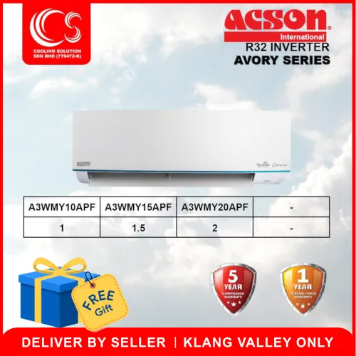 ACSON Air Conditioner / Air Cond AVORY Wall Mounted Inverter Series R32 1.0HP/1.5HP/2.0HP A3WMY10APF/15APF/20APF + ECO COOL + Plusma + 5 STAR Energy Saving with WIFI Adapter Deliver by Seller (Klang Valley area only)