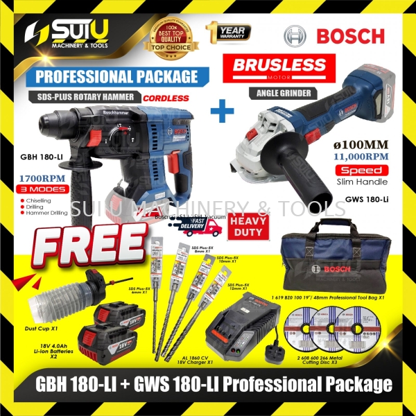 BOSCH Professional Cordless Package GBH 180-LI SDS-Plus Rotary Hammer + GWS 180-LI Angle Grinder w/ 2 Batt + 1 Char Package Series Power Tool Kuala Lumpur (KL), Malaysia, Selangor, Setapak Supplier, Suppliers, Supply, Supplies | Sui U Machinery & Tools (M) Sdn Bhd