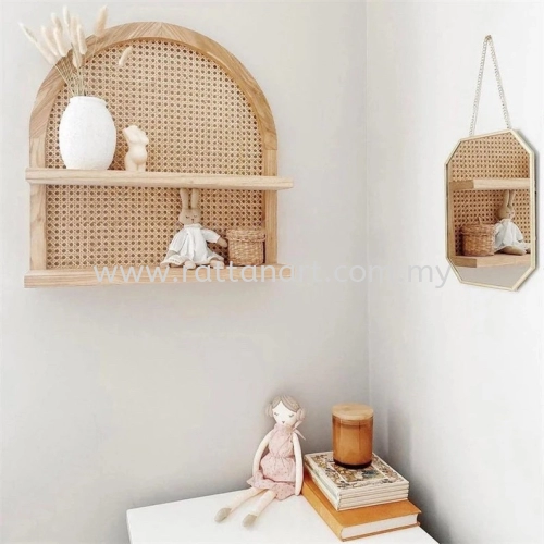 WOODEN WALL SHELF WITH RATTAN NETTING