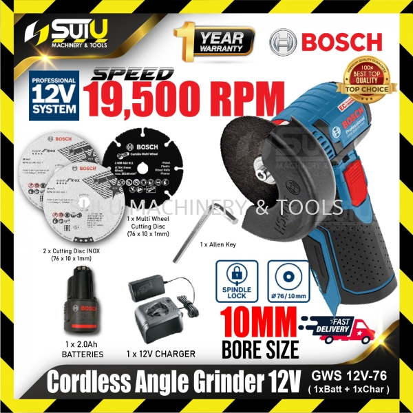 BOSCH GWS 12V-76 / GWS12V-76 12V 10mm Cordless Angle Grinder 19500rpm w/ 1 x 2.0Ah Battery + 1 x Charger  Cordless Angle Grinder Cordless Power Tools Power Tool Kuala Lumpur (KL), Malaysia, Selangor, Setapak Supplier, Suppliers, Supply, Supplies | Sui U Machinery & Tools (M) Sdn Bhd