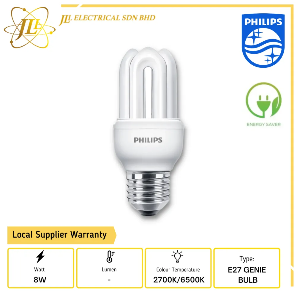 PHILIPS GENIE 8W 220-240V E27 ENERGY SAVER BULBS [2700K/6500K]