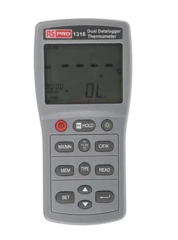  123-2214 - RS PRO 1316 Wired Digital Thermometer, E, J, K, N, R, S, T Probe, 2 Input(s), +1090 (J) °C, +1300 (N) °C, +1370 (K) °C,