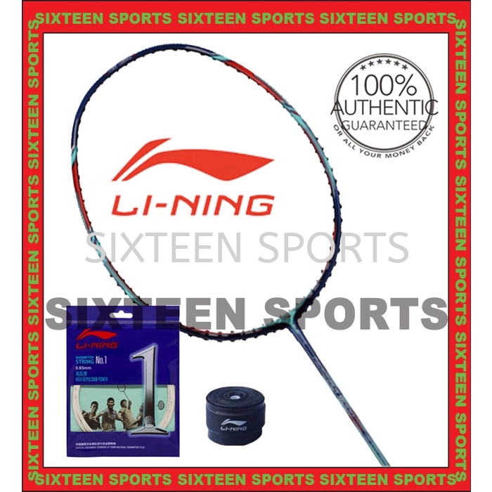 LIning Aeronaut 9000C Badminton Racket (Blue Red) C/W Lining No.1 String & Overgrip)