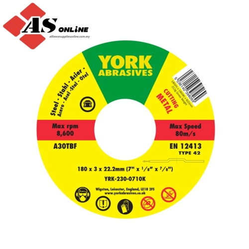 YORK Cutting Disc, 30-Medium/Coarse, 180 x 3 x 22.23mm, Type 42, Aluminium Oxide / Model: YRK2300710K