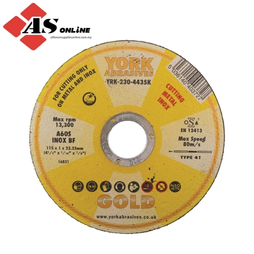 YORK Cutting Disc, 60-Fine, 115 x 1 x 22.23mm, Type 41, Aluminium Oxide / Model: YRK2304435K