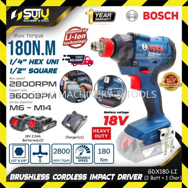 BOSCH GDX 180-LI / GDX180-LI 180NM 18V Cordless Impact Wrench / Driver 2800RPM c/w 2 x Batt 2.0Ah + Charger Cordless Impact Wrench / Ratchet Wrench Cordless Power Tools Power Tool Kuala Lumpur (KL), Malaysia, Selangor, Setapak Supplier, Suppliers, Supply, Supplies | Sui U Machinery & Tools (M) Sdn Bhd