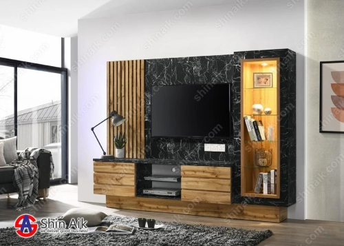 TV615603 (8'ft) Black Marble & Cedar Two-Tone Modern Contemporary TV Display Cabinet