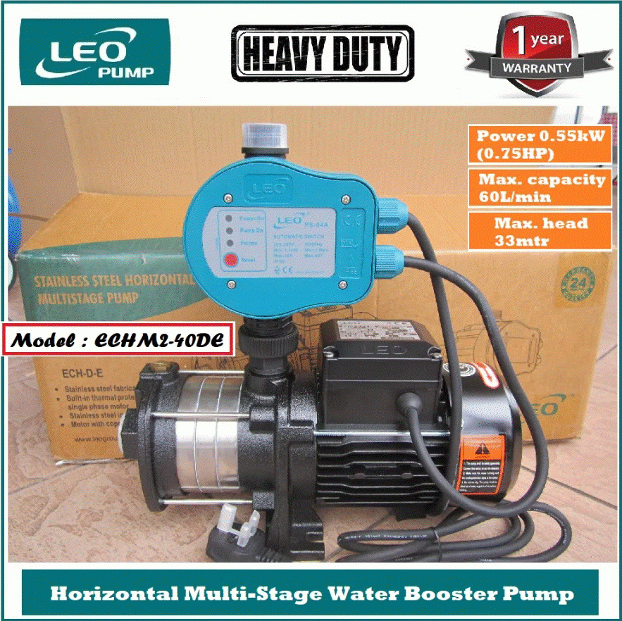 LEO PC Horizontal Multi-Stage Water Booster Pump ECHM2-40DE (0.55kW/0.75HP) Series