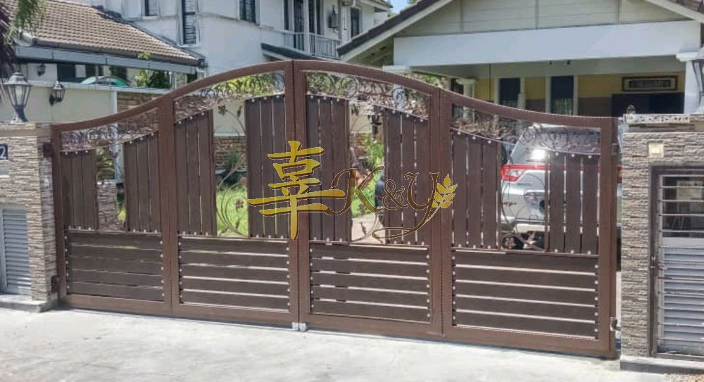 Mild Steel/Wrought Iron Main Gate (Folding/Swing)Bundle Aluminium Panel (Wood-Dk Brown) with W.iron Flowers