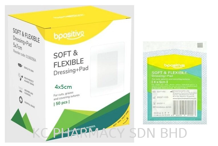 Bpositive Soft & Flexible Dressing+Pad 4cm x5cm (LOOSE) 1's / 5cm x 7cm 5pcs (1 BOX) / 5cm x 7cm (LOOSE) 1's / 6cm x 8cm (LOOSE) 1's / 10cm x 12cm 5pcs (1 BOX) (EXP:11/2025)