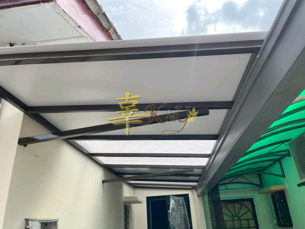 Mild Steel Polycarbonate Clear Color (Nu Serials 3mm) mix ACP aluminium (4mm) Skylight Awning with PVC Gutter- Frame & Arm Ms 1 1/2x1 1/2(1.2) Hollow 