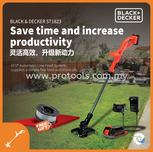 BLACK & DECKER ST1823-XJ 2.0AH BATTERY SET FOC TRIMMER SPOOL LINE GRASS TRIMMER OUTDOOR EQUIPMENT Johor Bahru (JB), Malaysia, Senai Supplier, Suppliers, Supply, Supplies | Protools Hardware Sdn Bhd