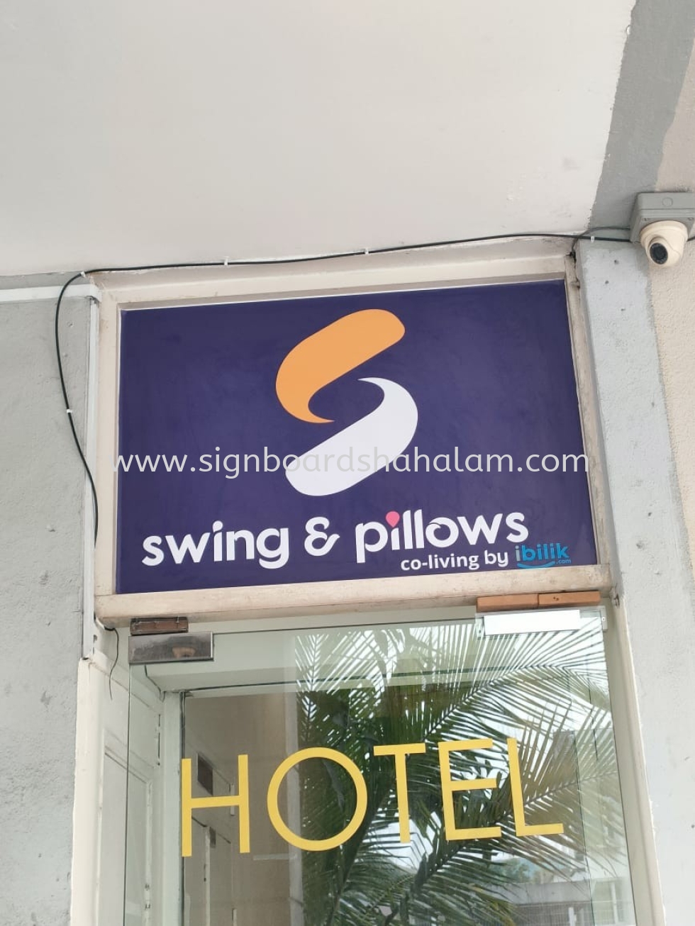 Swing & Pillows Hotel Aluminium Trim Casing Base With 3D Box Up LED Frontlit Lettering Signboard At Kepong