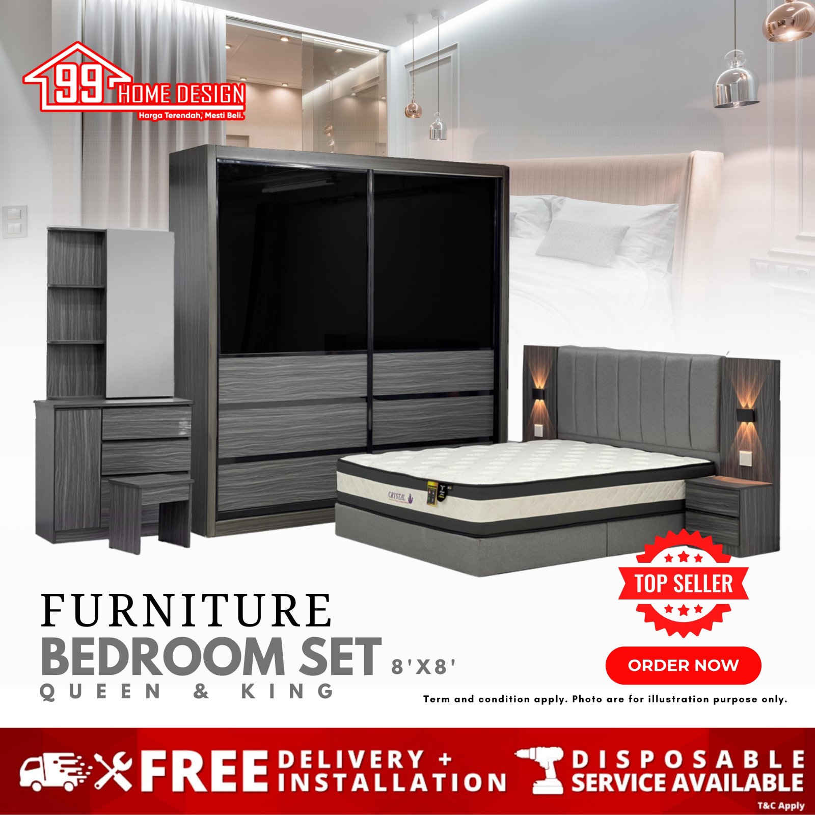 BRS8840 : BEDROOM SET WITH SIDE TABLE LAMP (8'x8')