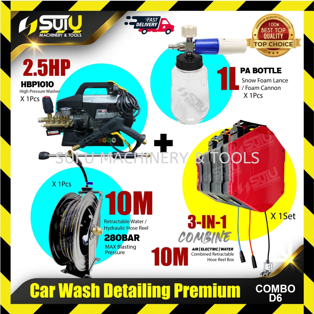 COMBO D6] Car Wash Detailing Premium Combo (HBP1010 + 1L Foam Cannon + 10M  Retractable Hose