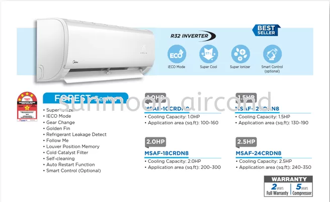 12,000 BTU COOLING CAPACITY FOREST INVERTER R32 WALL MOUNTED MIDEA AIR CONDITIONER - MALAYSIA