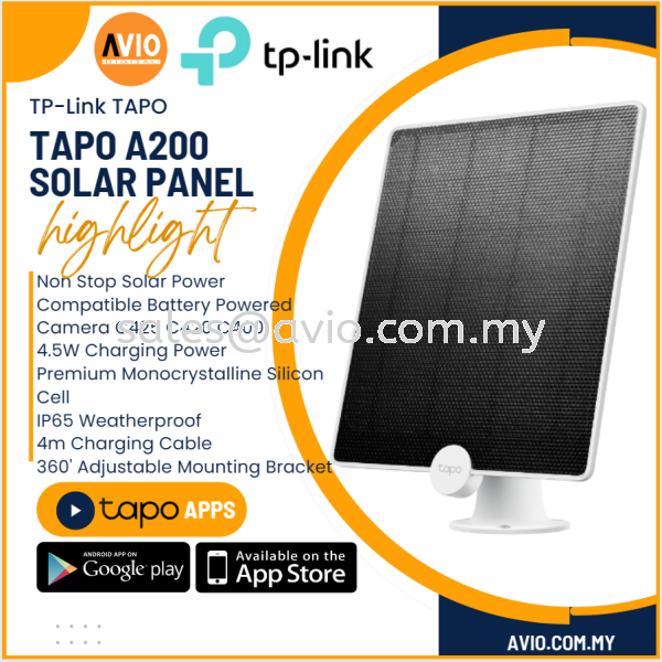 TP-Link Tplink IP65 Tapo Solar Panel 5.2V 4.5W Suit Battery Powered CCTV Camera C425 C420 C400 4m Cable Tapo A200 TAPO TP-LINK Johor Bahru (JB), Kempas, Johor Jaya Supplier, Suppliers, Supply, Supplies | Avio Digital