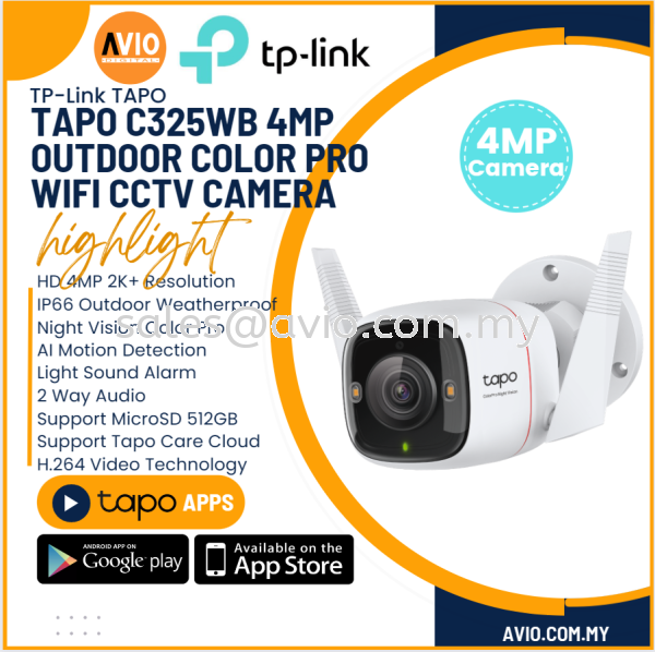 TP-LINK Tplink 4MP 4 Megapixel IP66 Outdoor Wi-Fi Wifi CCTV Camera Full Color Night Vision MicroSD AI Detect Tapo C325WB TAPO TP-LINK Johor Bahru (JB), Kempas, Johor Jaya Supplier, Suppliers, Supply, Supplies | Avio Digital