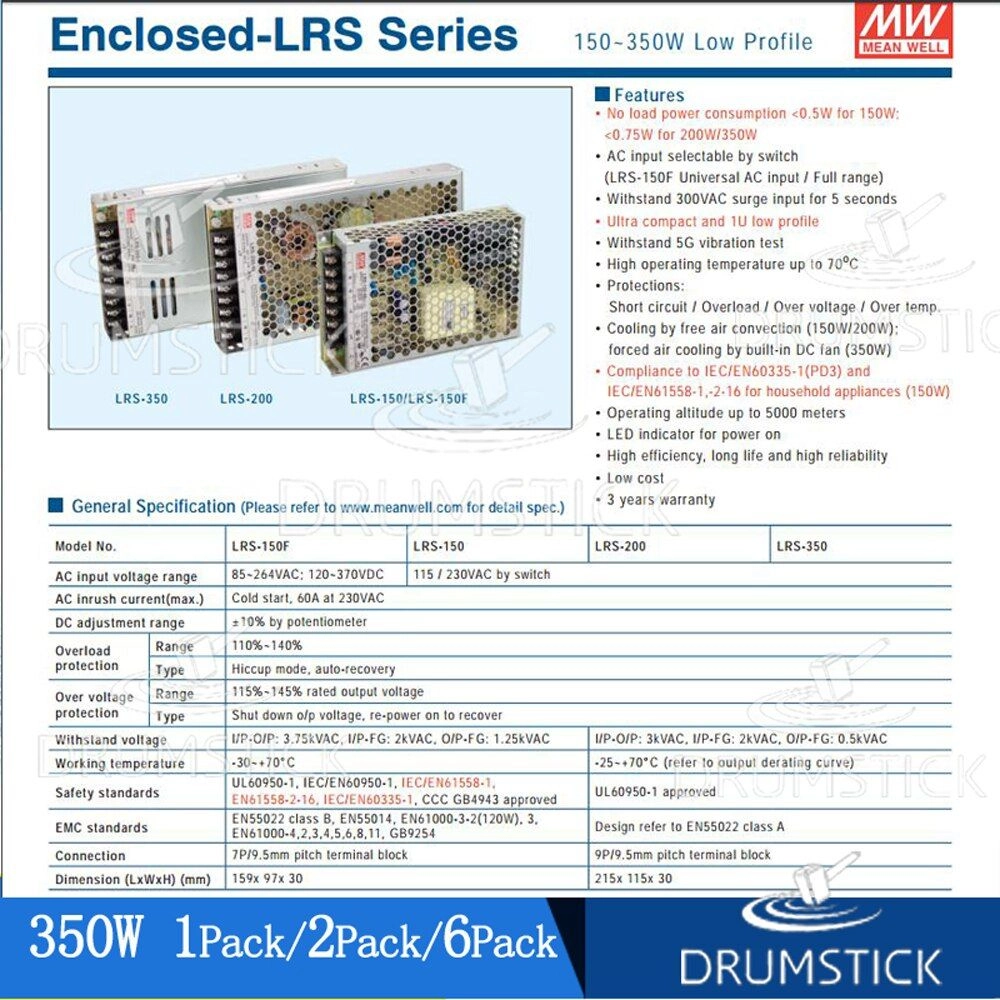 Mean Well LRS-350-24 24VDC 14,6A 350W 12VDC 29A Enclosed LRS Series Low Profile LRS 350 MEANWELL Single Output Switching Power Supply PSU SMPS