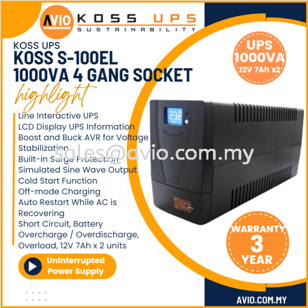 KOSS Sylion 1000VA 1KVA UPS w 2x 12V 7Ah Batteries Battery 4x UK Socket Digital Display Voltage Stabilization S-100EL  KOSS Johor Bahru (JB), Kempas, Johor Jaya Supplier, Suppliers, Supply, Supplies | Avio Digital