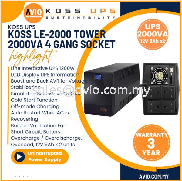 KOSS Lennox 2000VA 1200W Uninterruptible Power Supply UPS 4x UK Socket 2x 9Ah Back Up Battery Voltage Stabilizer LE-2000 KOSS Johor Bahru (JB), Kempas, Johor Jaya Supplier, Suppliers, Supply, Supplies | Avio Digital