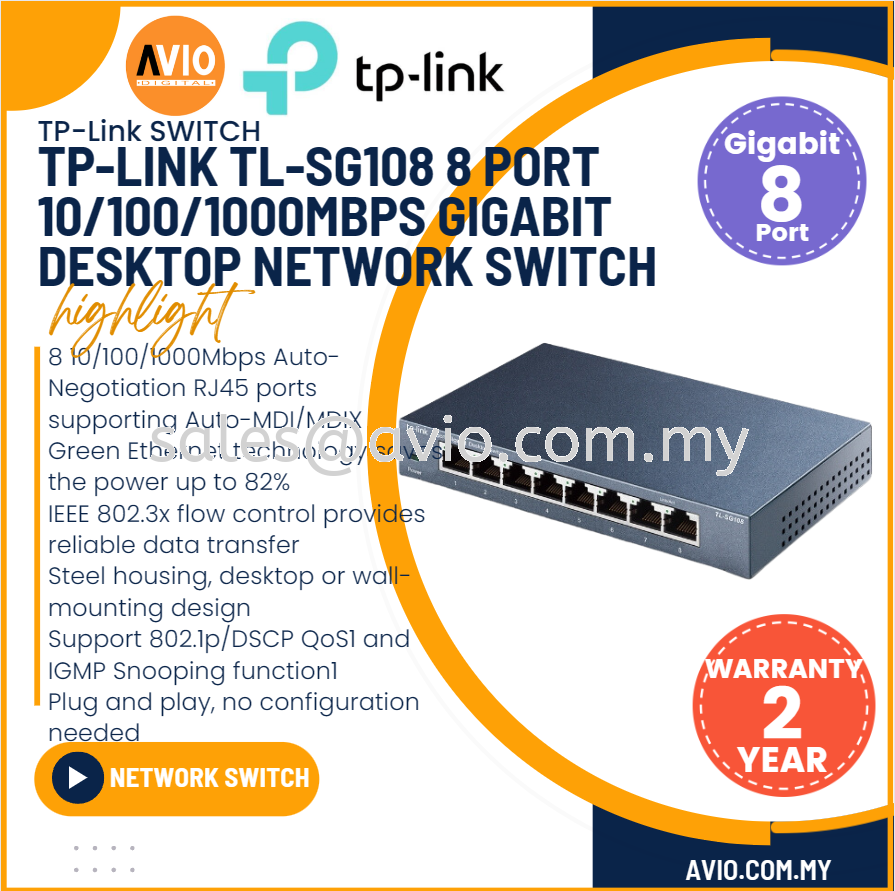 Switch de 8 Puertos 10/100/1000 Mbps Metal TL-SG108 TP-LINK 