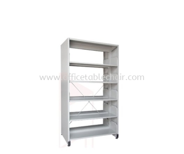 LIBRARY SHELVING DOUBLE SIDED WITH SIDE PANEL AND 5 SHELVING A325